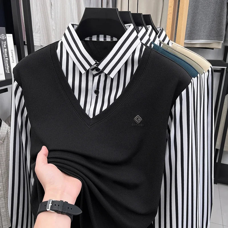 Mens Business Fake Two Piece Sweater Shirt Long Sleeve Striped Collar V Neck Pullover For Work