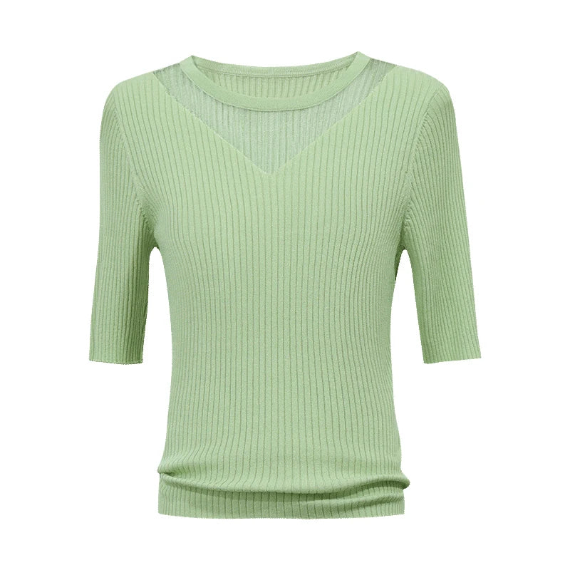 Amii Women Soild Knit Pullover Round Neck Sheer Mesh V Panel Top Short Sleeve Slim Fit Casual Sweater 2026 Summer New 12642218