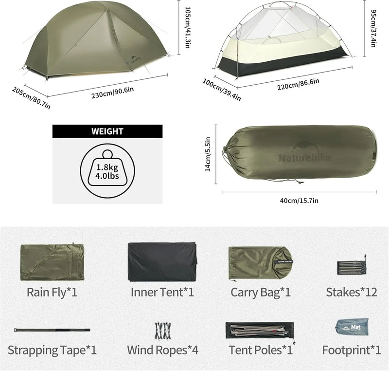 Naturehike Mongar Pro 123 Ultralight Three Season Outdoor Waterproof 20D Nylon Hiking Tent 2 Person Rucksack Camping Riding Tent