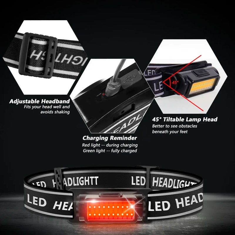ភ្លើងមុខ COB LED ដ៏មានអានុភាពខ្លាំង ប្រើ USB ទៅ Type-C សាកថ្មបាន ពិលក្បាល ពិលភ្លើងមុខ សម្រាប់នេសាទ បោះតង់