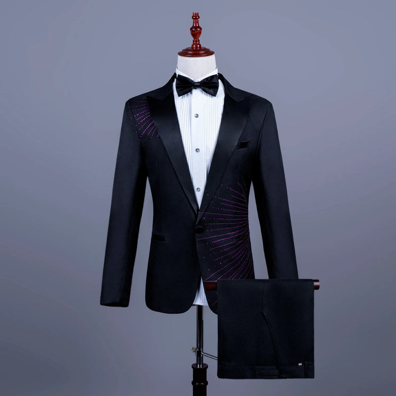 Men's Black Tuxedo Set with Diamond Embellished Jacket and Matching Trousers in White for Choirs/Stage Performances/Weddings