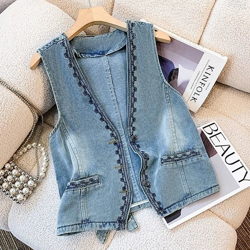 Denim Vest Spring and Autumn Fashion Retro Embroidered Vests Jackets Versatile Sleeveless Top Women Waistcoat Chalecos Mujer