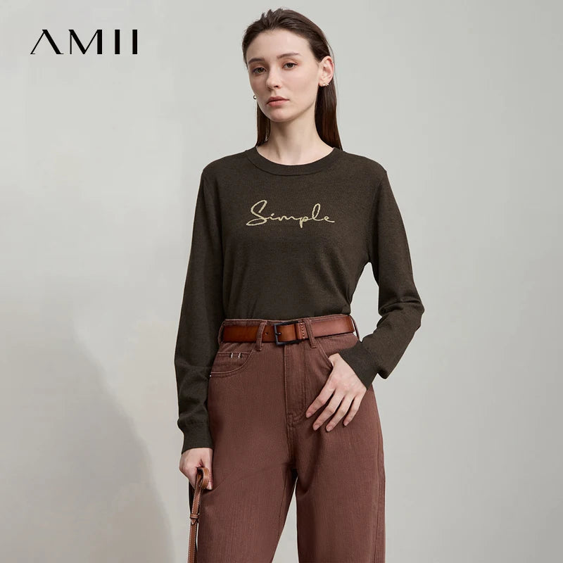 AMII Minimalist Women's Long Sleeve Pullovers 2026 Autumn Fashion Letter Jacquard Straight Tops Casual O-Neck Sweaters 12523052