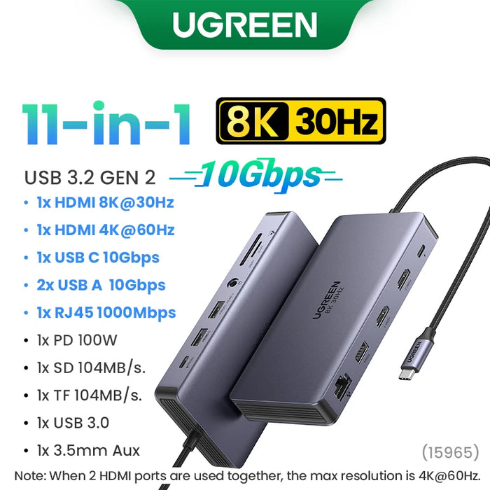 UGREEN 10Gbps USB C HUB 4K60Hz Type C to HDMI RJ45 Ethernet PD100W for MacBook iPad Huawei Sumsang PC Tablet Phone USB 3.0 HUB 10Gbps 11-in1 8K30Hz CHINA
