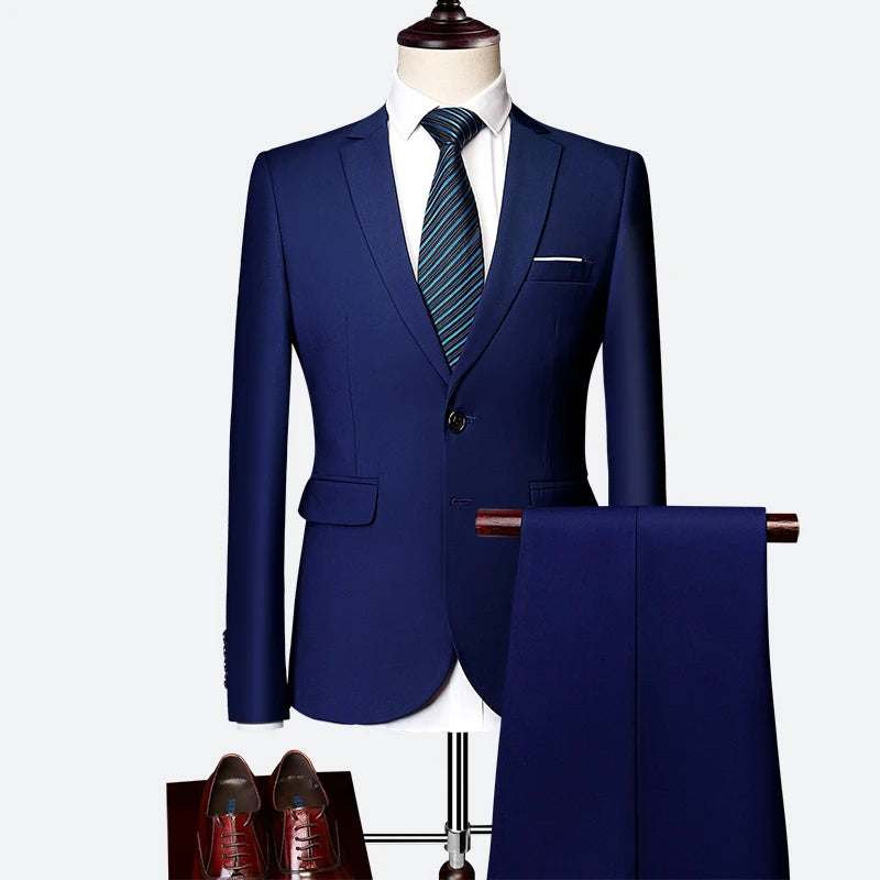 2026 New Men's 2-Piece, Dark Green Slim Fit Suit Set with Pure Color Jacket & Pants for Office/Interview/Wedding/Party/Business