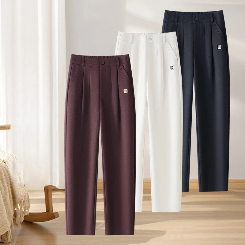 Off-white Women's Casual Pants, New Fall High-waisted Pleated Harem Pants, Asian Sizes Navy Blue Stretch Trousers, S-XXXL.