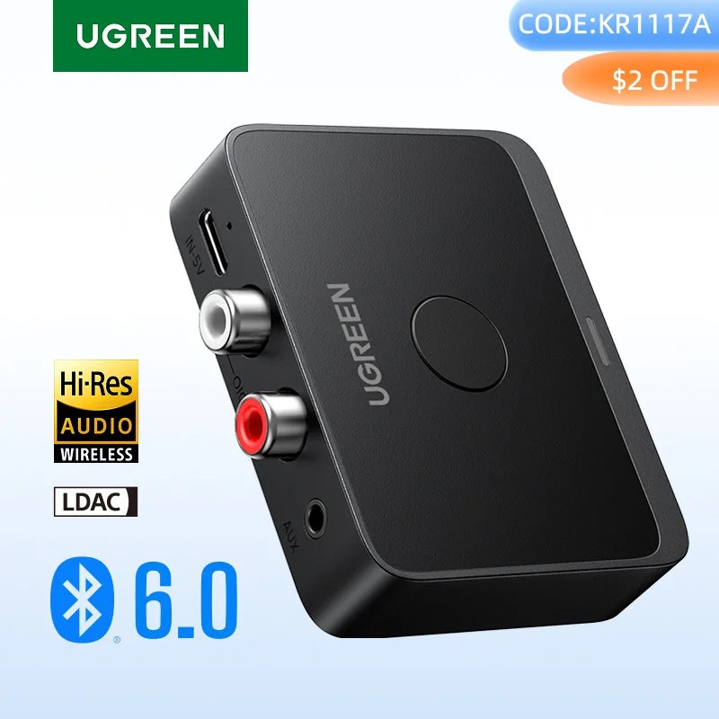 UGREEN AUX Bluetooth Receiver LDAC AAC Hi-Fi 3.5mm Jack 2RCA RCA Audio Bluetooth 6.0 Adapter Receivers 15h For Car Speaker PC