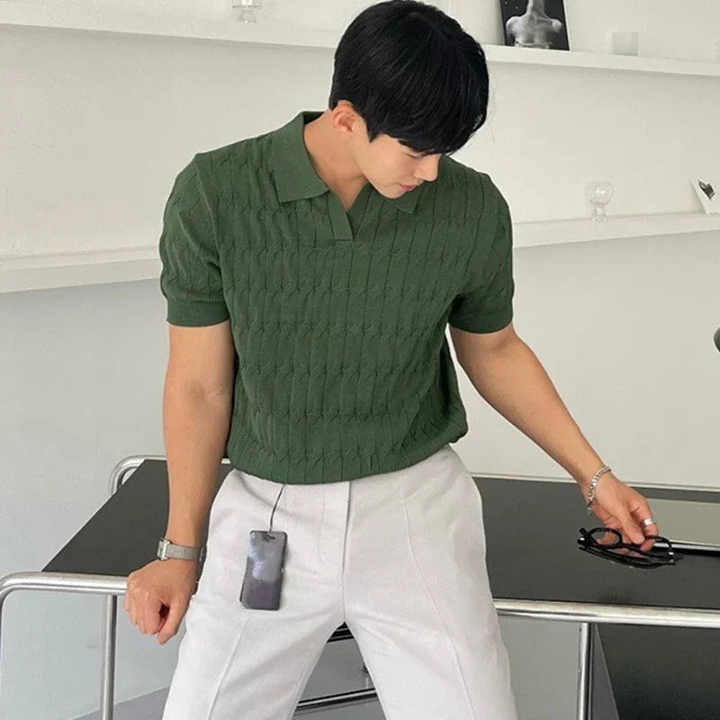 Jacquard Knitted Polo, Men's Casual V-neck Striped T-shirt, Solid Color Short Sleeve Lightweight Breathable Luxury Clothing