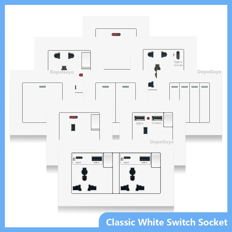 UK 13A Wall Socket with USB Type C 18W Quick Charge Power Outlet,Universal Electrical  Wall Light Switch Dual 3-pin Socket 220V