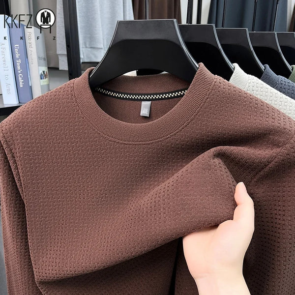 Mens Casual Stretch Long Sleeve Pullover Top Crew Neck Waffle Knit Texture Shirt Breathable Fabric Daily Wear