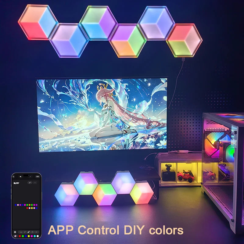 6/10pcs 3D Hexagon Wall Lights App Control Light RGB Wall Decor Lights Music Sync Light WiFi Enabled Light for Gaming Room
