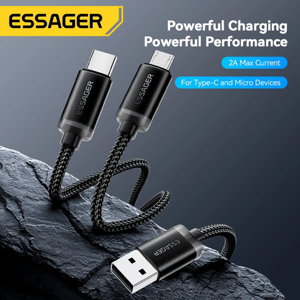 ខ្សែសាក Essager 2 ក្នុង 1 USB Type C Micro សម្រាប់ Xiaomi Redmi Samsung Huawei 2A ខ្សែសាកទិន្នន័យលឿនទូរស័ព្ទចល័ត USB ខ្សែសាក