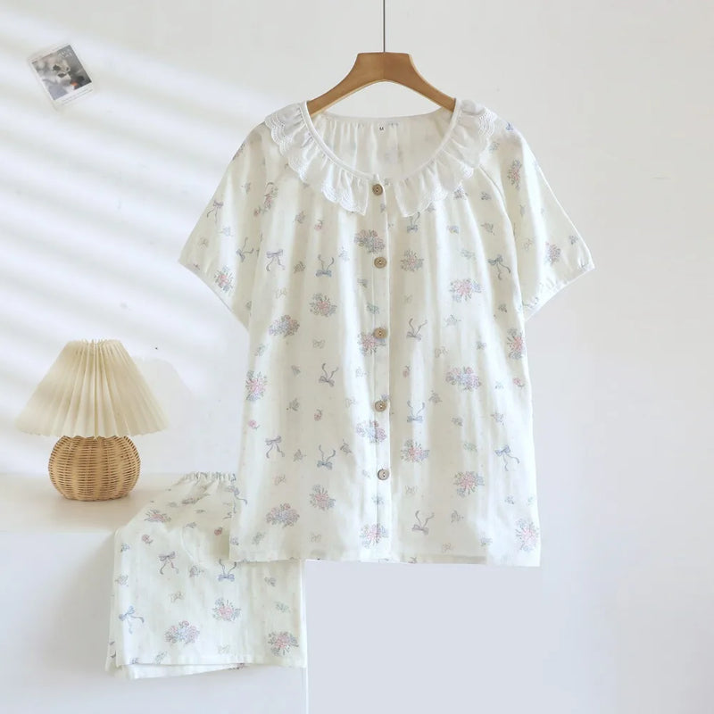 Thin Loungewear Women Pajamas Cardigan O-Neck Short Sleeve Shorts Two Piece Set Summer Comfortable Home Clothes Floral Pijama