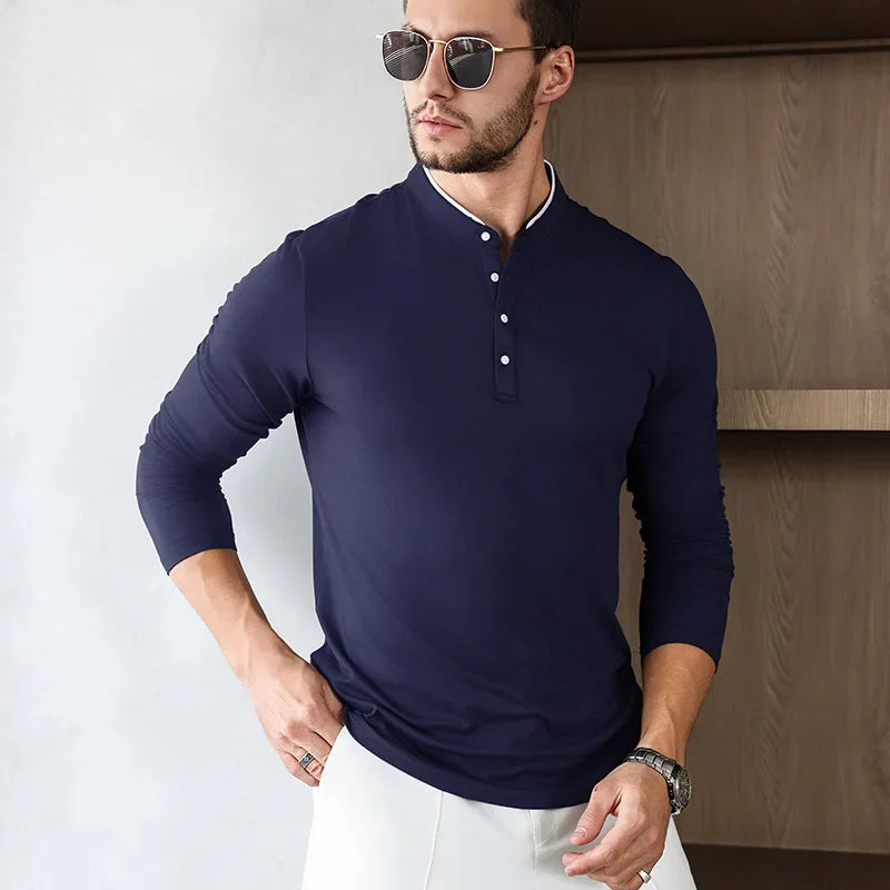 2025 New Men's Casual and Fashionable Solid Color Long Sleeved Stand Up Collar T-shirt Summer Versatile and Comfortable Top