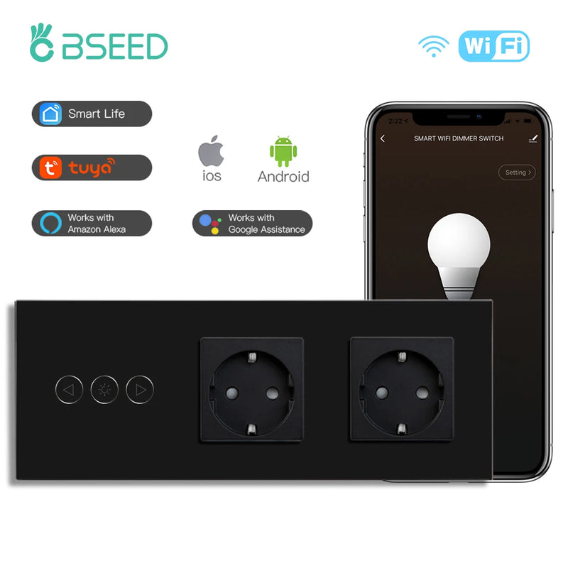 BSEED Wifi Dimmer Switch Smart Dimmable Touch Switch With EU Socket Glass Panel Support Tuya Smart Life Google Home Control