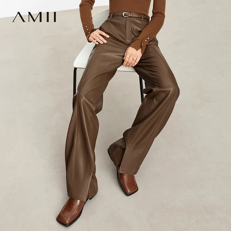 ខោស្បែក PU AMII សាមញ្ញសម្រាប់ស្ត្រីរដូវស្លឹកឈើជ្រុះឆ្នាំ ២០២៦ ខោរលុងជើងធំទូលាយបែបប្រេះស្រាំទាន់សម័យសម្រាប់នារីការិយាល័យ 12343250