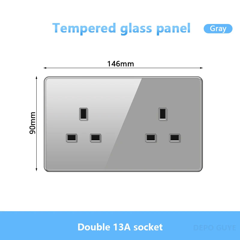 UK 13A Wall Tempered glass Socket Plug,British Standard Double 13A Wall Electrical Power Outlet Panel Black/White/Gray/Glod