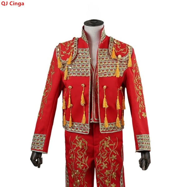 Spanish Men's Three-Piece Bullfighter Costume Set with Fringe Accents, European Court Stage Performance Costume.