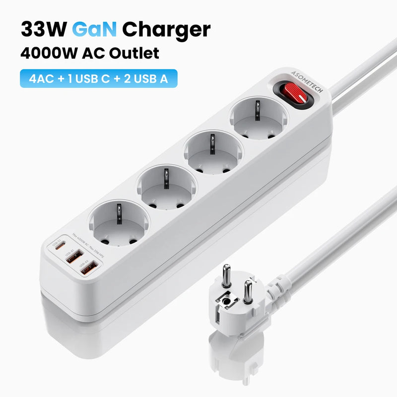 ឌុយភ្លើង EU 4000W រន្ធដោត 4AC ច្រើនរន្ធ ជាមួយខ្សែ USB 4 ប្រវែង 1.5 ម៉ែត្រ រន្ធដោតអគ្គិសនី PD 33W សាកថ្មលឿន ឧបករណ៍ការពារការកើនឡើង