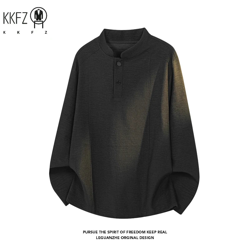 Male Minimalist Mandarin Neck Long Sleeve Shirt Vertical Sewing Texture Relaxed Cut For Weekend Gathering And Travel Matching