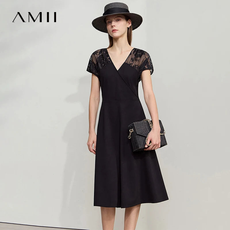 រ៉ូប Amii Minimalist Casual សម្រាប់នារី រដូវក្តៅ ឆ្នាំ២០២៥ ថ្មី សម្រាប់នារីការិយាល័យ ដៃខ្លី ក V ចង្កេះស្ដើង រ៉ូបចរ 12542261