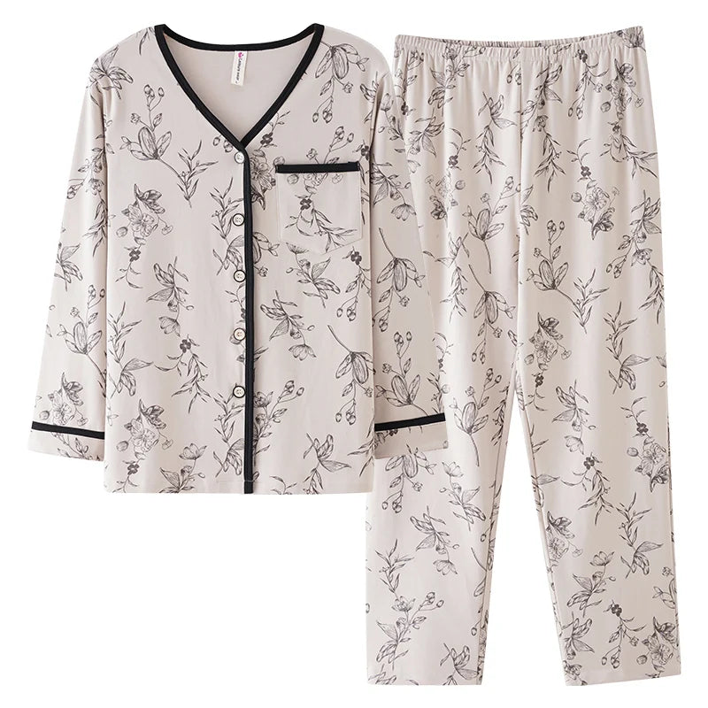 Spring Autumn O-Neck Pyjamas Female Pajamas Sets Elegant Floral Japanese Kimonos For Women Big Yards M-3XL Cotton Home Clothes