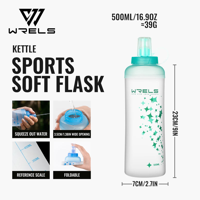 WRELS Collapsible Water Bottle Soft Flask Leak Proof BPA Free Hydration Bottle Ultralight Running Hiking Cycling Squeeze Bottle