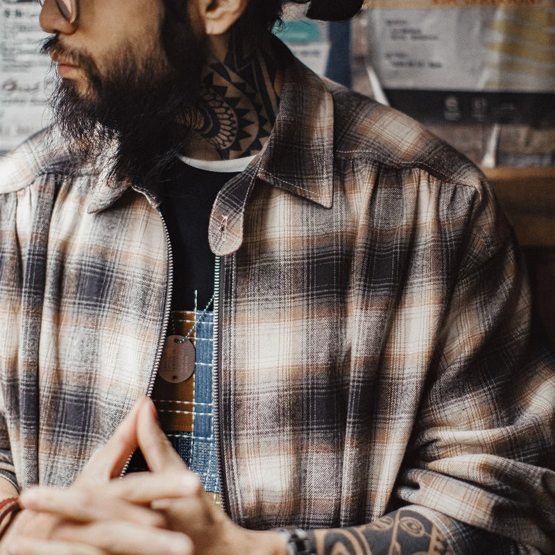 អាវ បុរស Maden បែប Retro Plaid អាវ កប្បាស មាន ខ្សែ រ៉ូត ជាមួយ កអាវ បើក ចុះ សម្រាប់ រដូវផ្ការីក និង រដូវស្លឹកឈើជ្រុះ