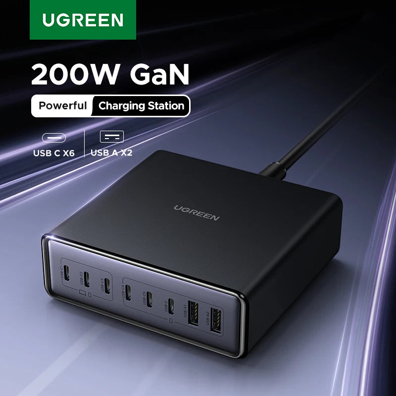 UGREEN 200W GaN Charger 8 in 1 Desktop Laptop Fast Charging Stand For iPhone 18 17 16 Pro Max Macbook Air Xiaomi Samsung Tablets