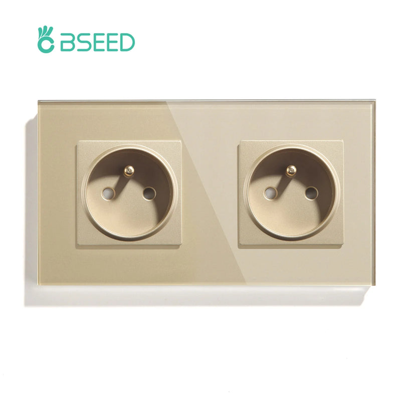 BSEED French Standard Single Wall Power Sockets Double France Outlets Triple Plugs Crystal Glass Panel Children Protection 16A