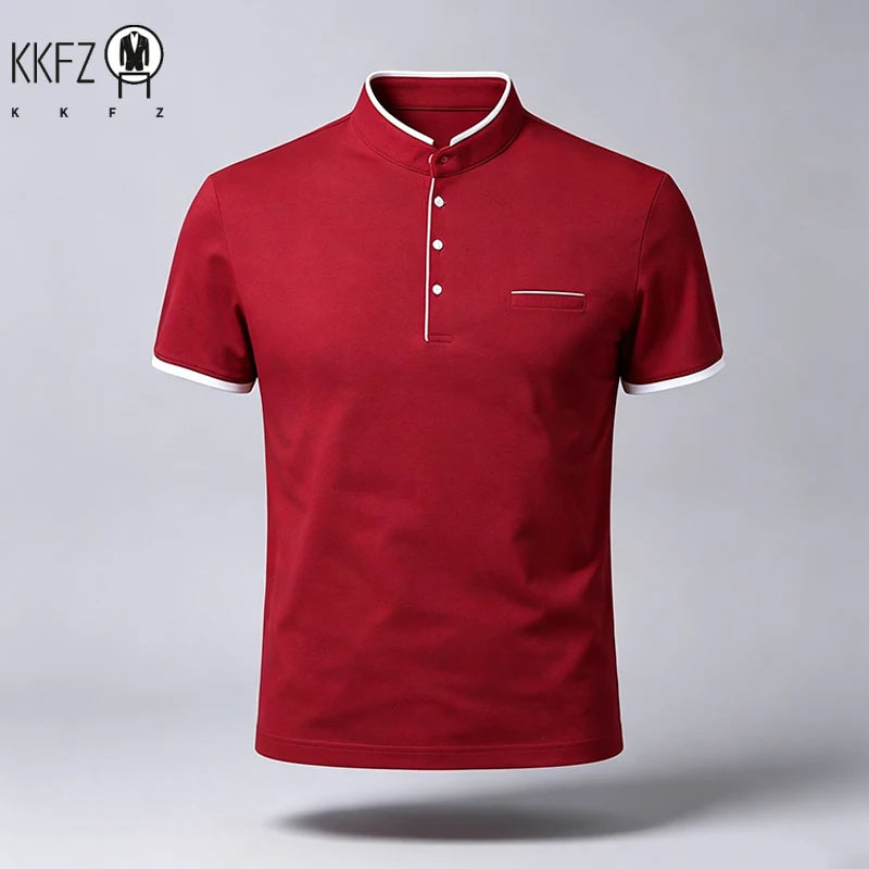 Men Regular Fit Short Sleeve Polo Shirt Stand Collar Chest Pocket For Office Business Look And City Street Daily Wear