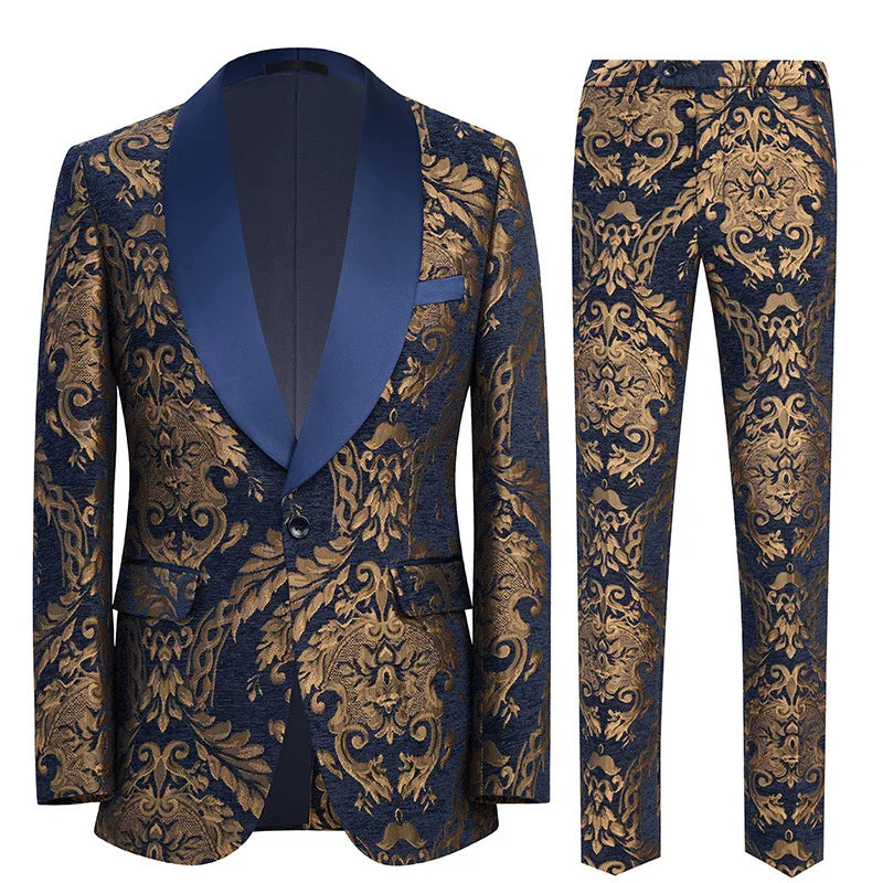Luxurious Black Two-piece Men's Suit Set Featuring A Gold Jacquard Jacket and Trousers, Perfect for Weddings and Parties.