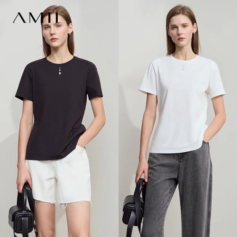 AMII Casual Print Shirt Women Summer New 2026 Short Sleeve Round Neck Baroque Pearl Straight T-shirts Woman Fashion 12522059