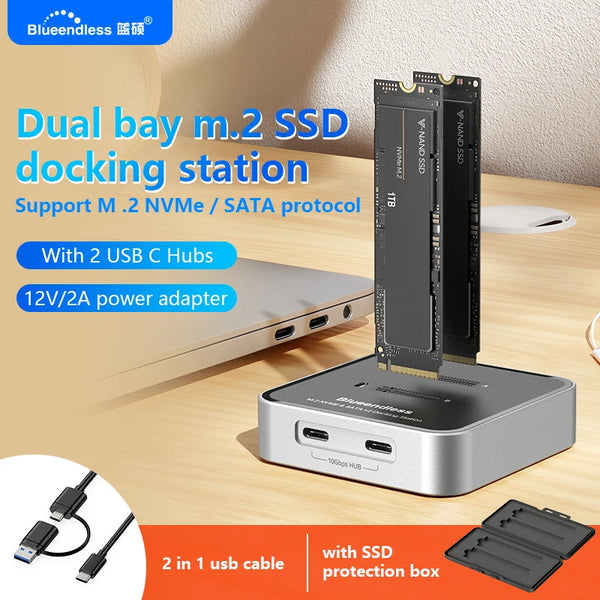 ស្ថានីយ៍ចត SSD ពិធីការ M.2 NVMe / SATA របស់ Blueendless Duay-Bay ជាមួយឧបករណ៍អាន SSD Hub ប្រភេទ C USB3.1 10Gbps ប្រអប់ SSD ខាងក្រៅ