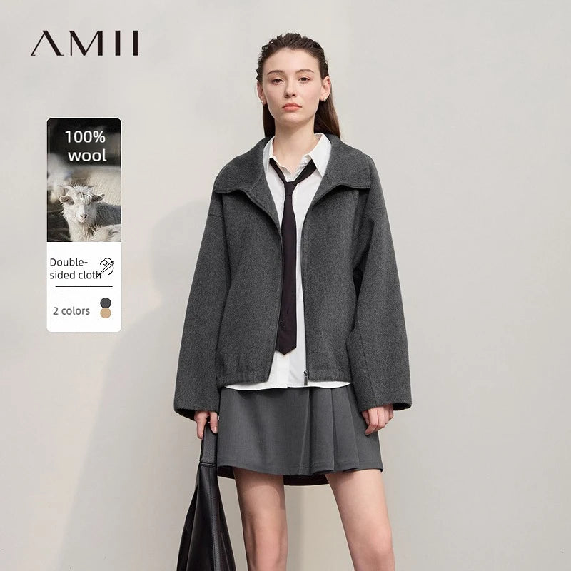 អាវធំ AMII សម្រាប់នារី រដូវរងា ឆ្នាំ២០២៥ អាវកអាវឈរថ្មី មានខ្សែរ៉ូត ធ្វើពីរោមចៀមសុទ្ធ ក្តៅ ងាយស្រួលប្រើ សម្លៀកបំពាក់នារី 12524035