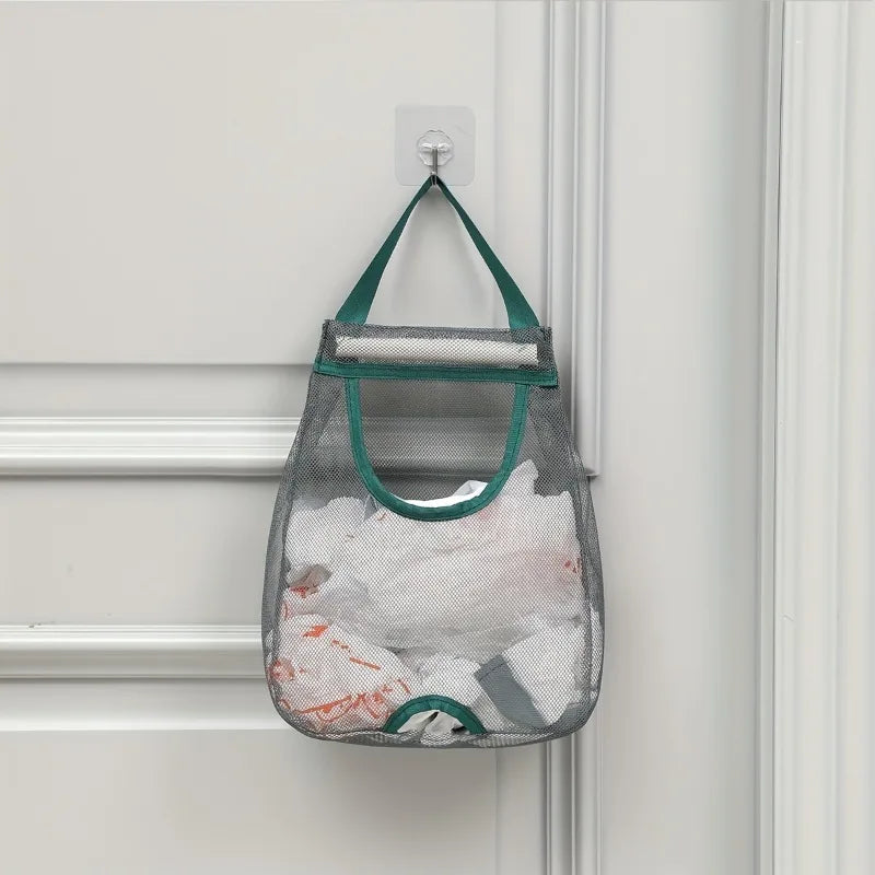 1pc Wall-Mounted Kitchen Trash Bag Organizer,Washable Mesh bag,Japanese-Style Large Capacity Plastic Bag Storage bag,Large Size