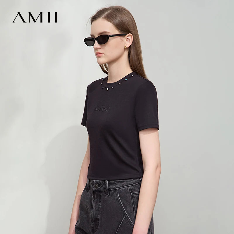 AMII Minimalist Short Women Clothes T-shirt 2026 Summer New Round Neck Short-sleeved Casual Versatile Solid Slim Tops 12542091