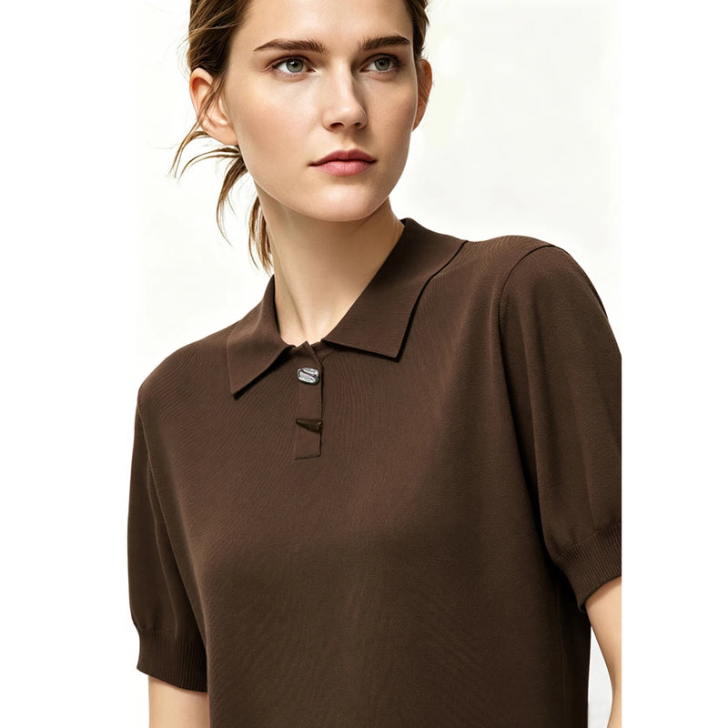 Amii Women's Knit Top 2026 Summer New Polo Neck Short Sleeve Sweater Metal Button Office Casual Versatile Pullover 12642077