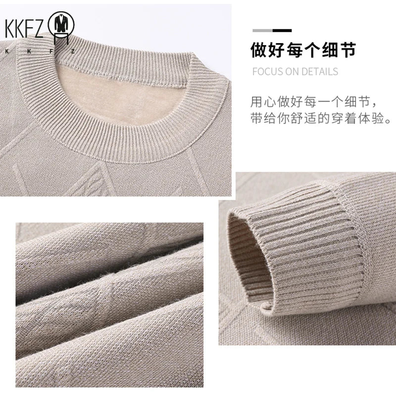 Stretch Crew Neck Male Knitted Pullover Embossed Diamond Pattern Fleece Lined Cold Proof Casual Long Sleeve Top