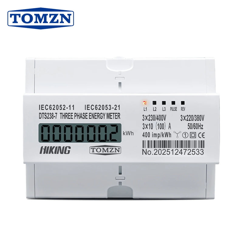 TOMZN DTS238-7 3 Phase Energy meter 3*230V 400V 10-100A 50Hz 60Hz 35mm DIN Rail kWh Measurement High-current 6+1