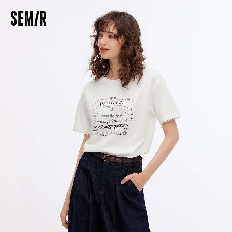 Semir Womens Tshirt 2026 Letter Printed Loose Lace Hem Fashion Trendy Casual Soft Daily
