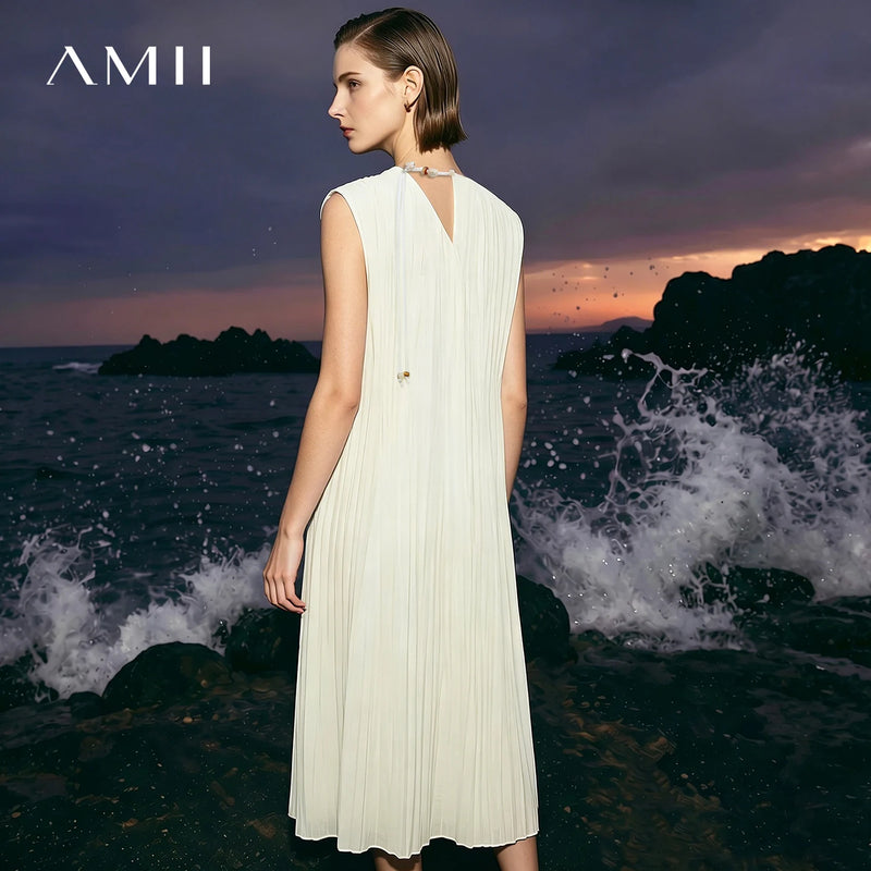 Amii Sleeveless Women's Dress 2026 Summer New Round Neck Tie Pleated Midi Dress Loose Fit Casual Elegant Woman Clothes 12622203