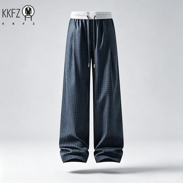 Men Plaid Pattern Loose Wide Leg Pants Elastic Waist Adjustable Drawstring Comfort Trousers For Male Daily Streetwear
