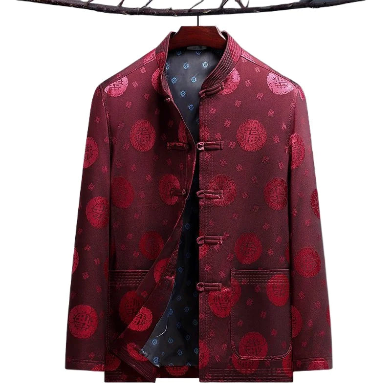 2026 New Men's Red Embroidered Long-Sleeve Jacket, Chinese-Style Single-Breasted Stand-Up Collar Coat, Fashionable Casual Tops.