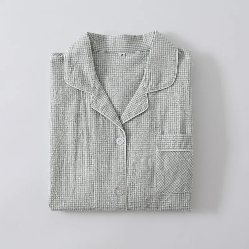 Pocket Comfortable Pajamas Sets 100% Cotton Casual Plaid Autumn Winter Sleepwear Women Pijama Lapel Long Sleeve Top Pant Suit
