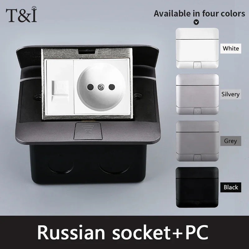 Metal Panel EU Standard Hidden Type Table Socket 2/3 Way Outlet USB/EUR/Universal/FR Office Cabinet Desktop Aluminum 120x120mm