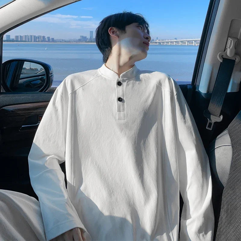 Mens Raglan Sleeve Henley Shirt Mandarin Stand Collar Long Sleeve Two Button Placket Loose Casual Daily Top