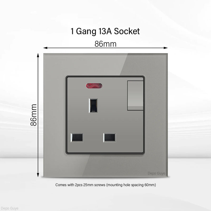 Grey UK 13A Tempered Glass USB Type C 18W Quick Charge Socket,Dual Universal Power Outlet,Home Light Electric Switch Panel