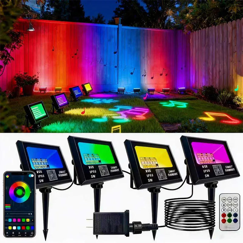 RGB LED Flood Light Bluetooth APP Control Smart Floodlights Timing Music Sync IP66 Waterproof Landscape Lighting with EU Plug