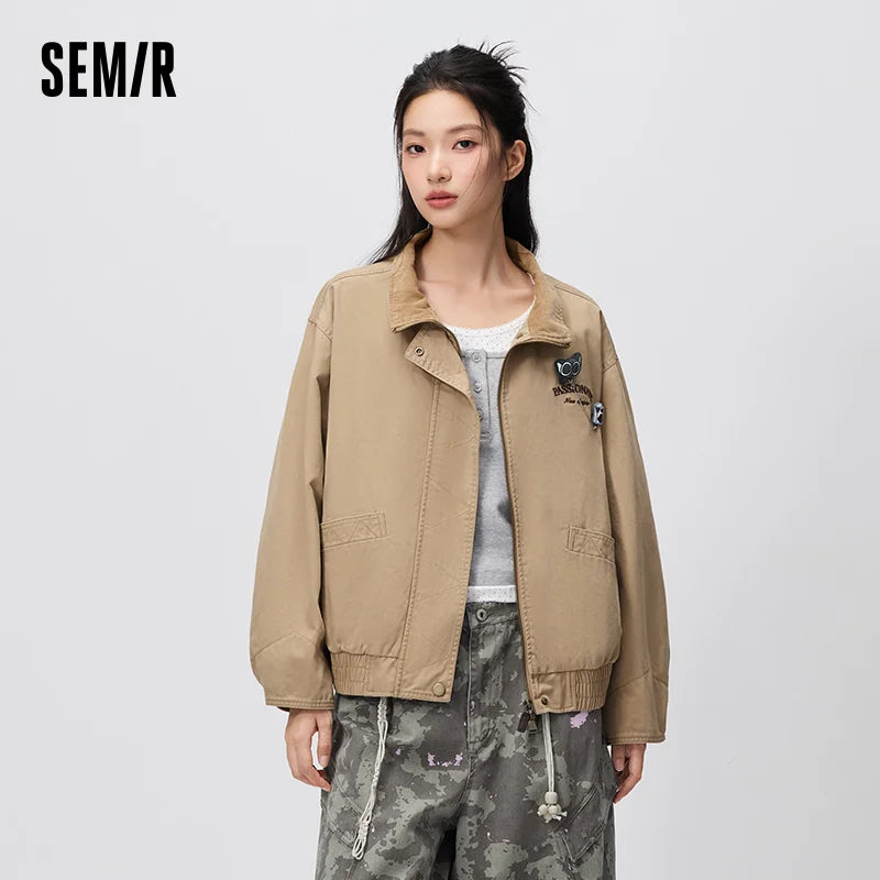 Semir Women Jacket Embroidery Patchwork Stand Collar Brooch Detail Loose Retro Casual Autumn Outerwear Daily Wear 2026